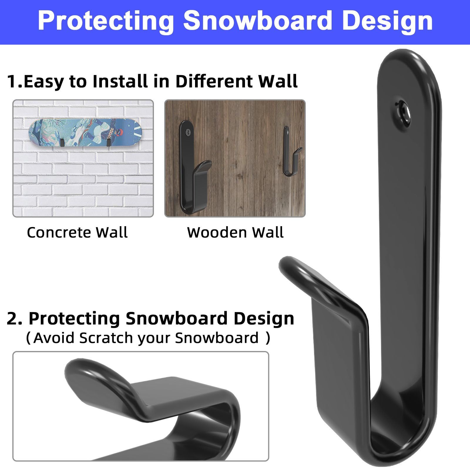 2pcs Horizontal Snowboard Wall Mount Clips Snowboard Wall Rack Snowboard Mount view 3