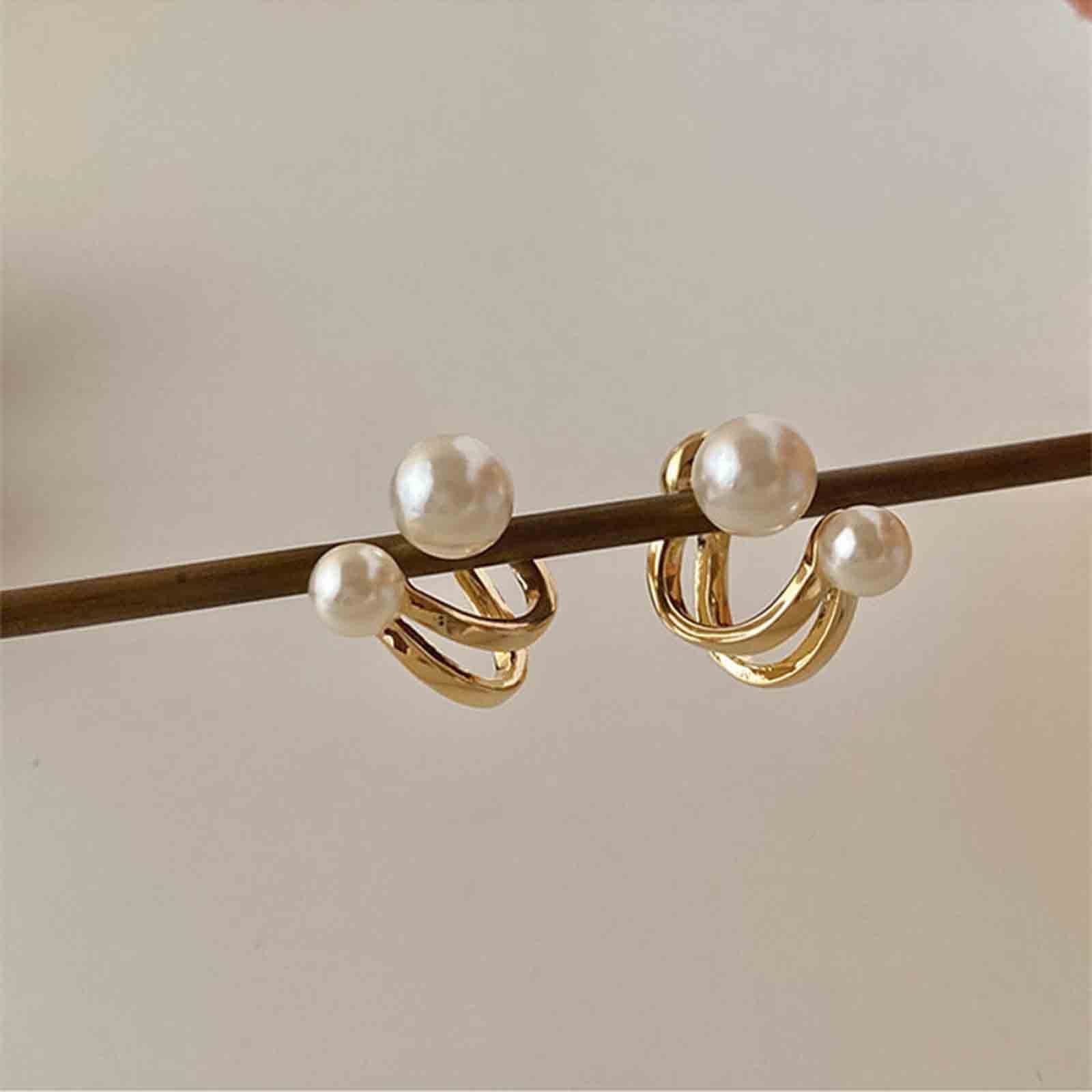 Vintage Pearl Ear Jacket Earrings Stud Claw Earring Gold Front Back Earrings view 2