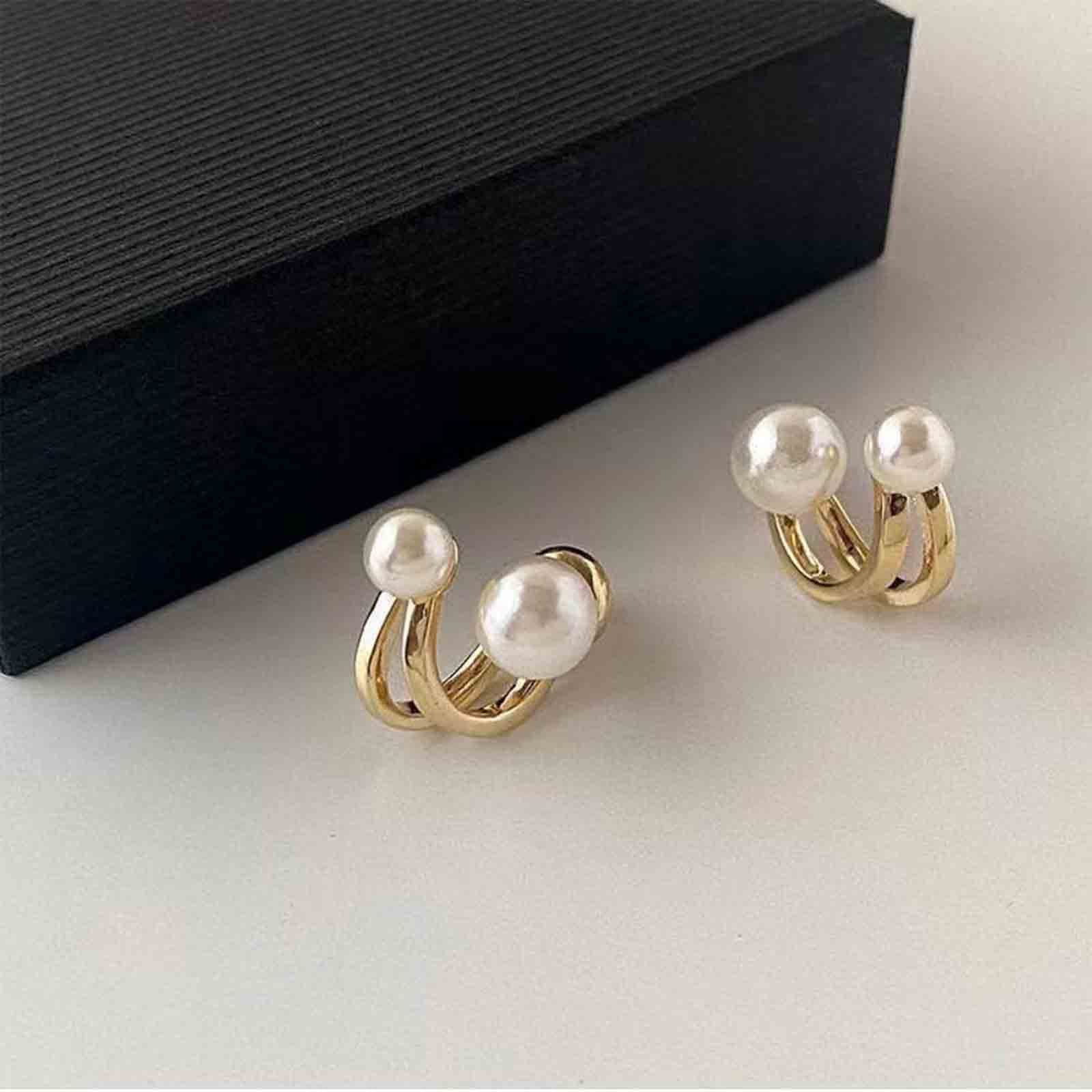 Vintage Pearl Ear Jacket Earrings Stud Claw Earring Gold Front Back Earrings view 3
