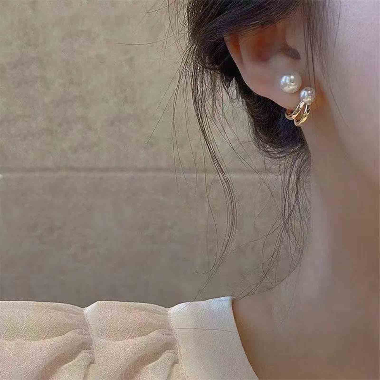 Vintage Pearl Ear Jacket Earrings Stud Claw Earring Gold Front Back Earrings view 4