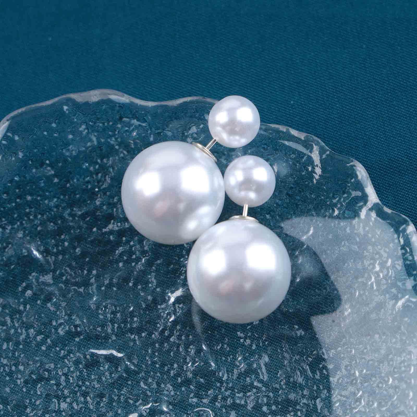 Vintage Pearl Ear Jacket Earrings Large Pearl Earrings Silver Front Back view 2