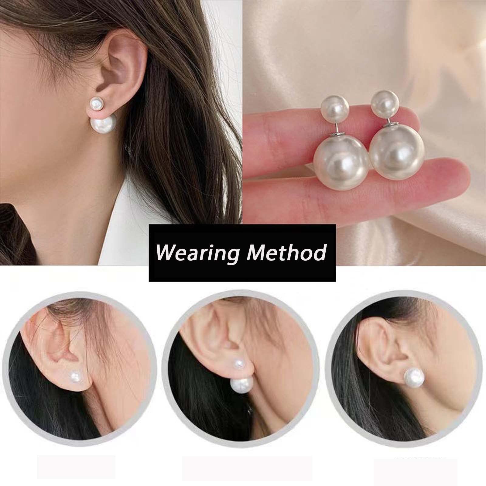 Vintage Pearl Ear Jacket Earrings Large Pearl Earrings Silver Front Back view 3