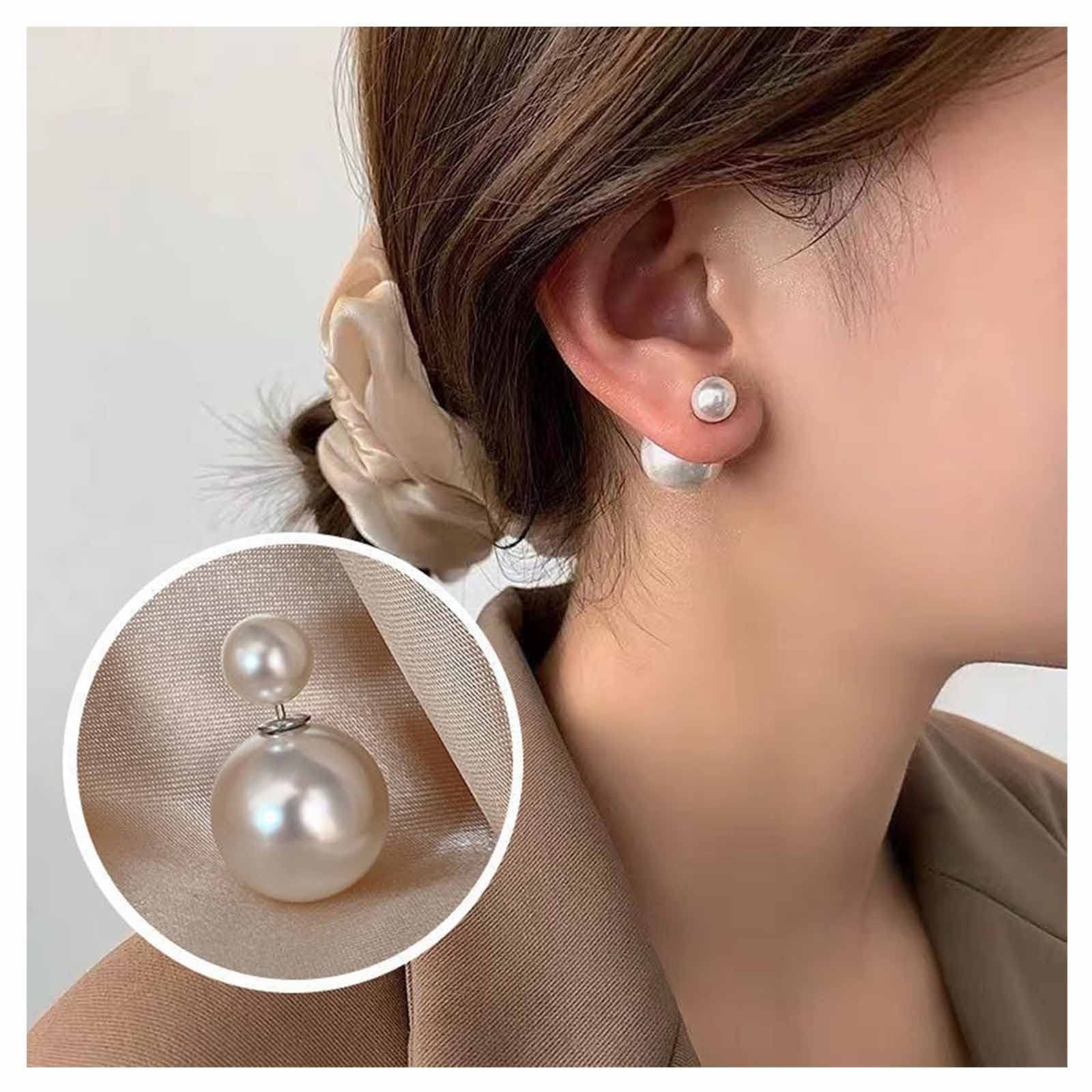 Vintage Pearl Ear Jacket Earrings Large Pearl Earrings Silver Front Back view 4