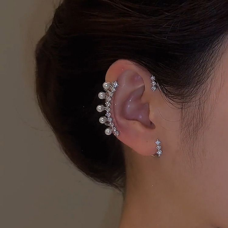 1 pair Sparkling Rhinestone Fairy Pearls Ear Cuff Earrings Crystal Clip view 3