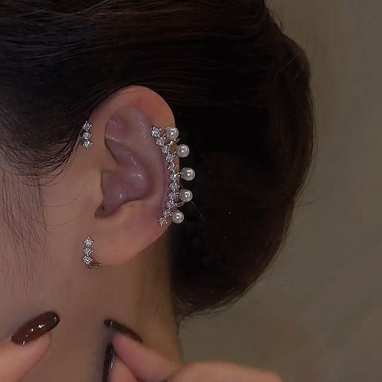 1 pair Sparkling Rhinestone Fairy Pearls Ear Cuff Earrings Crystal Clip view 4