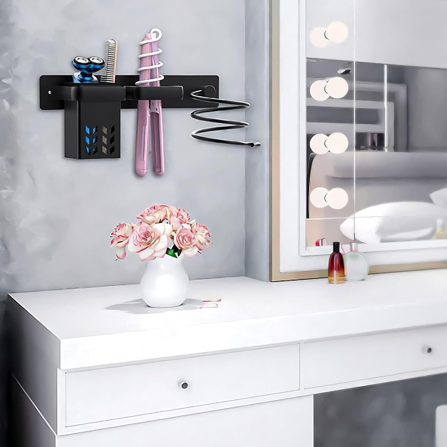 Dryer Holder Hairdryer Station Wall Mounted Spiral Shelf Bracket Stand Hanger view 4