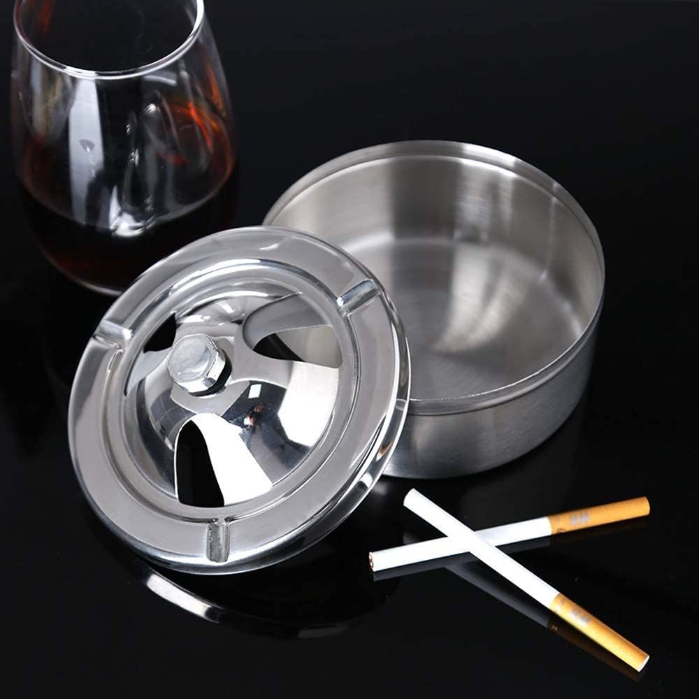 Ashtray Ash Tray 1pc Stainless Steel Ashtray with lid Spinning Lid Windproof view 2