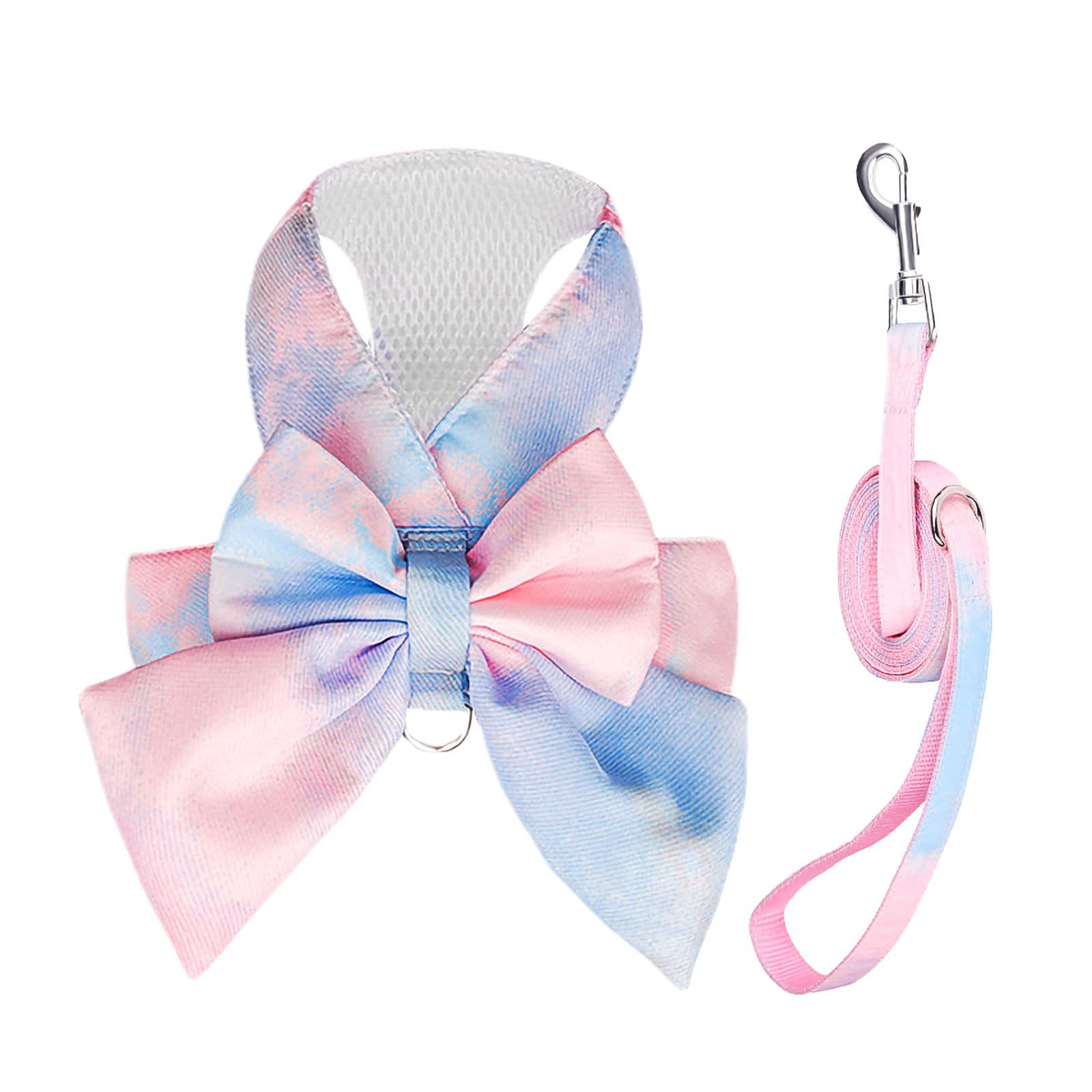 Cute Bow Tie Dog Harness and Leash Set Elegant Rainbow Gradient Puppy Harness