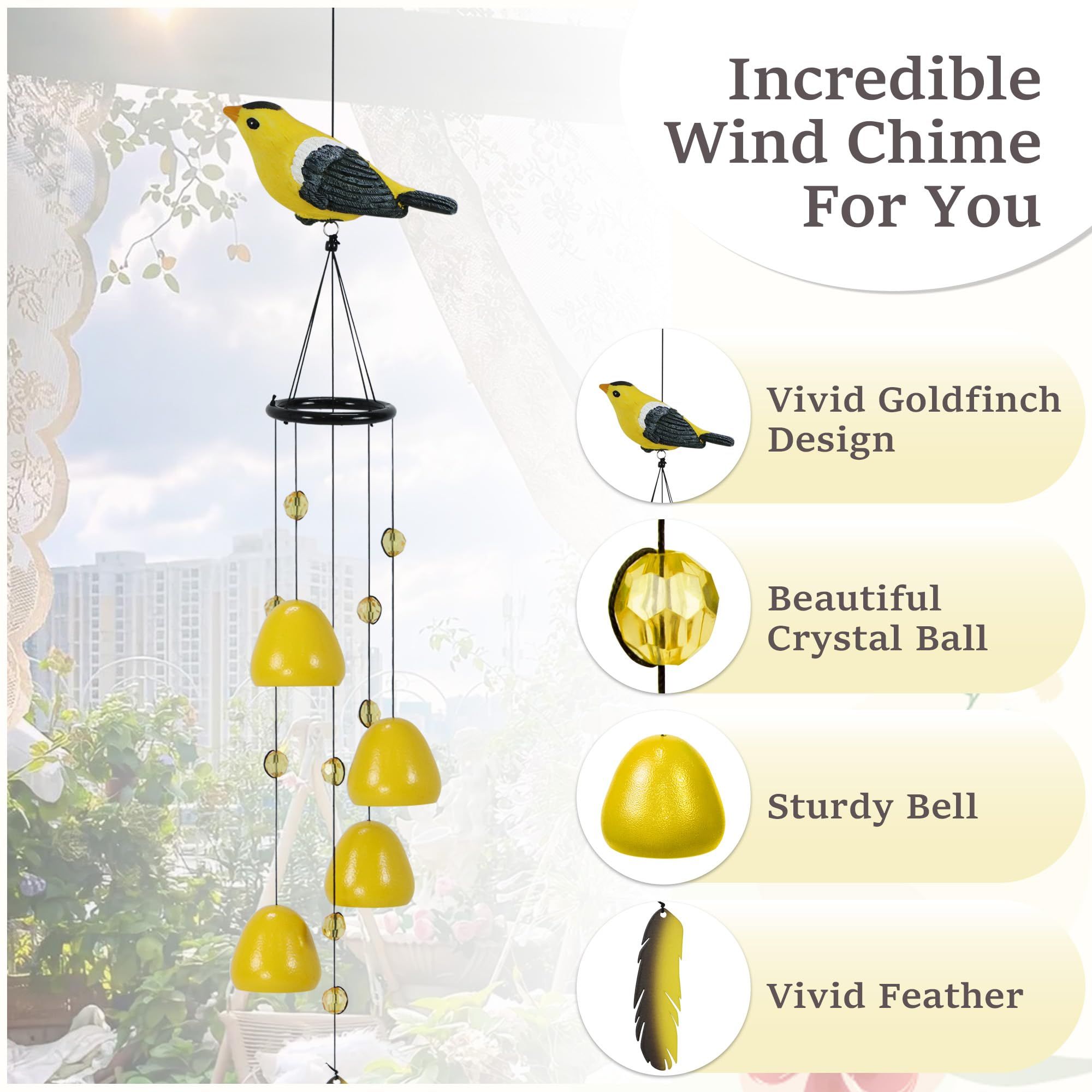 Bird Wind Chimes for Outside，Goldfinch Bird Gifts，Yellow Bird Wind Chimes view 5