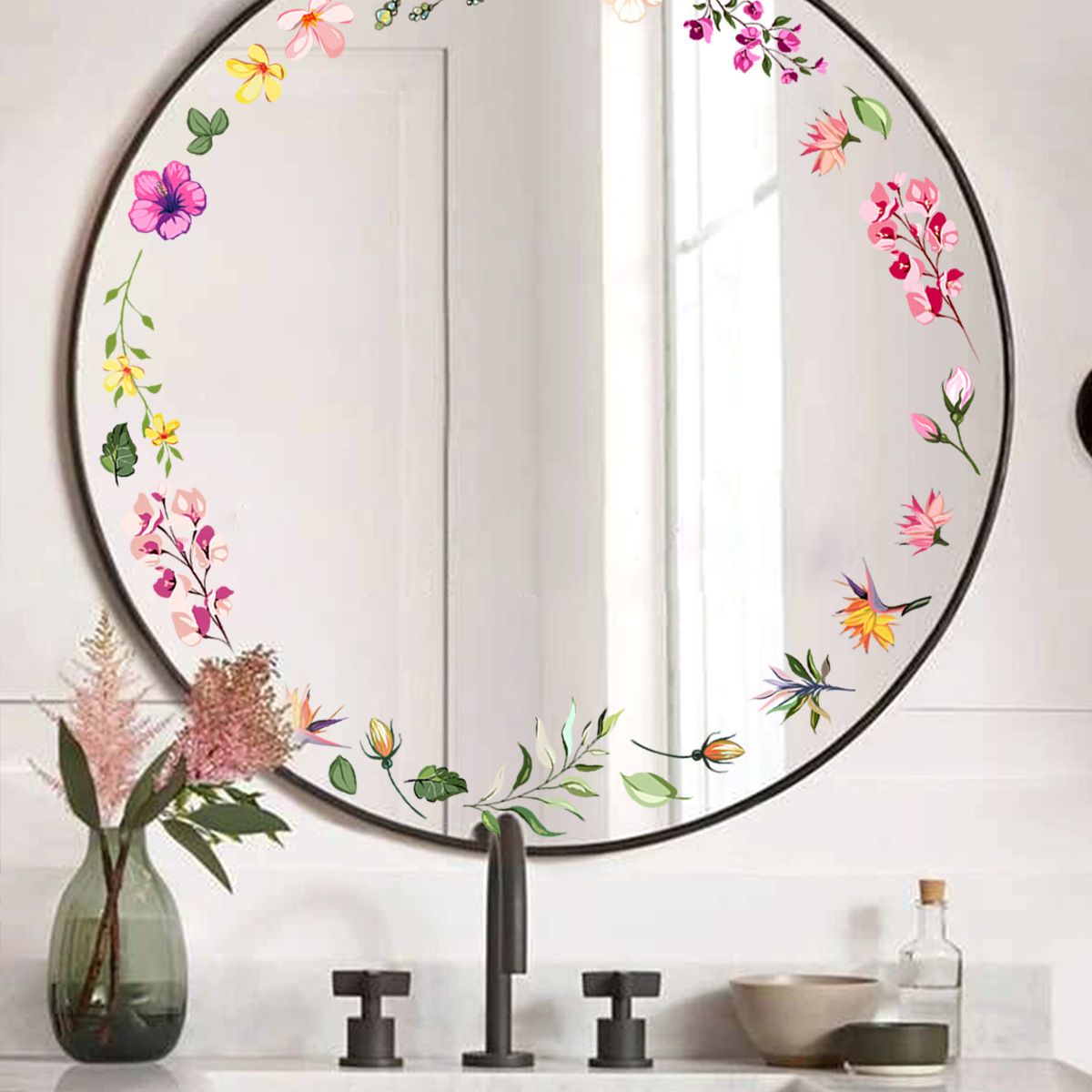 Floral Mirror Decals Flower Wall Stickers Peel and Stick Room Graphics view 3