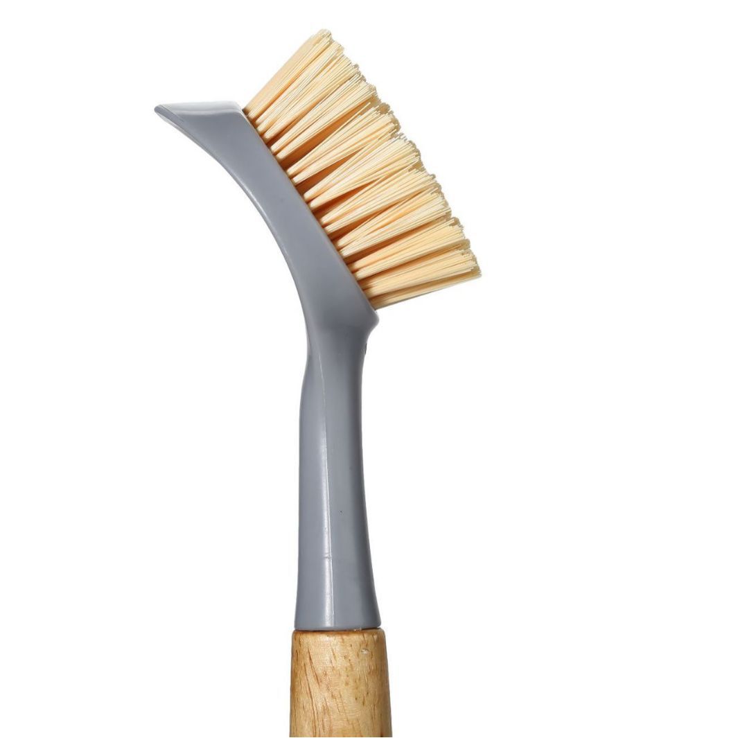 2 Pack Kitchen Dish Brush Bamboo Handle Dish Scrubber Built-in Scraper