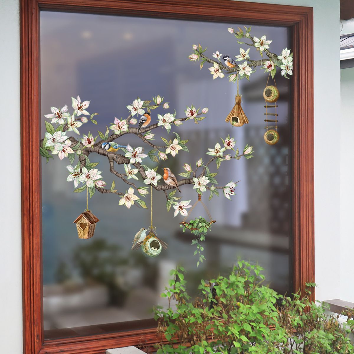 Spring Birds Flower Branches Window Clings Hanging Bird House Green Leaves view 4
