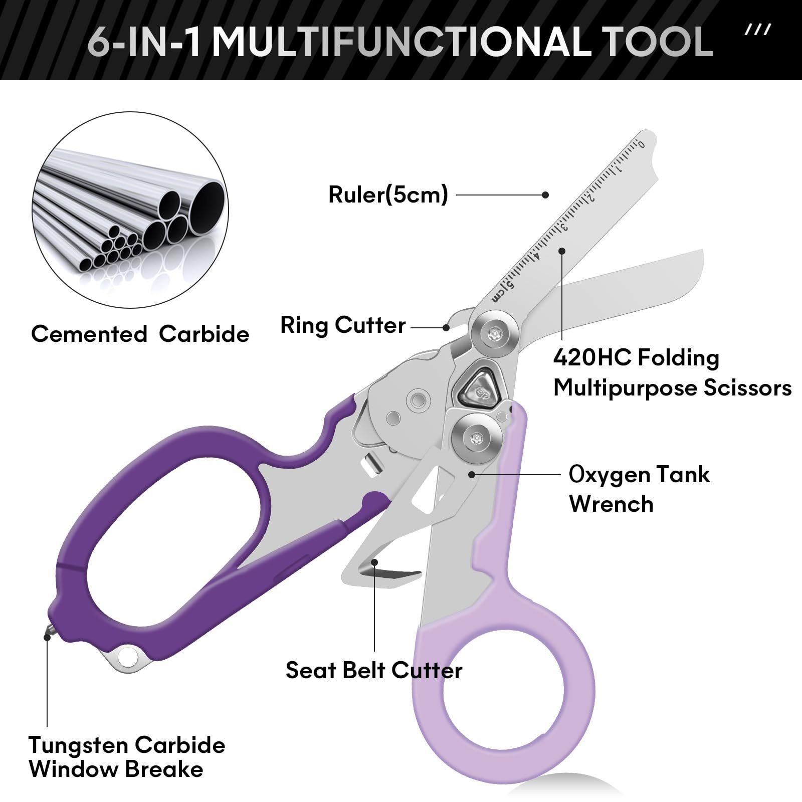 Emergency Shears with Strap Cutter and Glass Breaker Stainless Steel Foldable view 2
