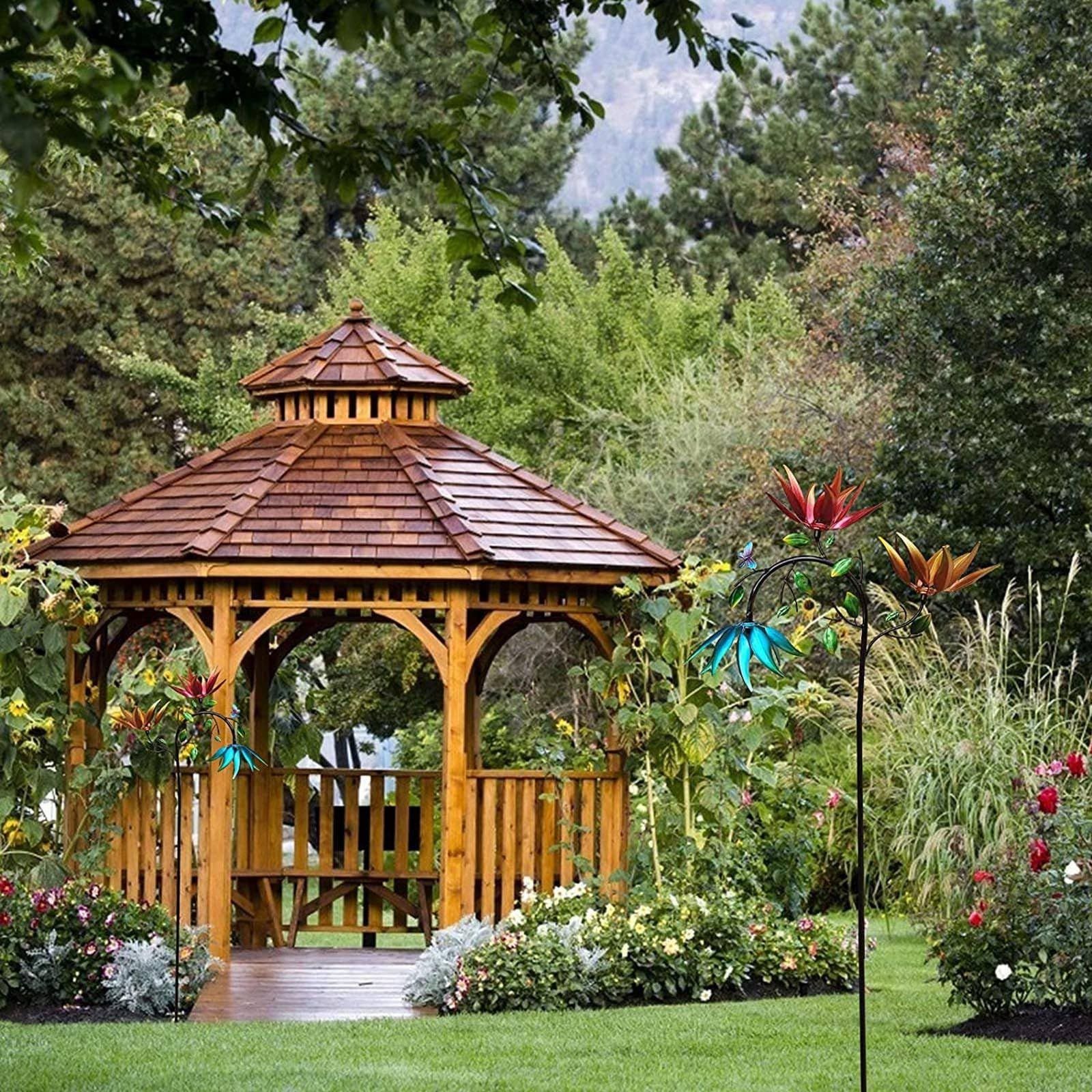 Large Metal Wind Spinner with Three Spinning Flowers and Butterflies Windmill view 4