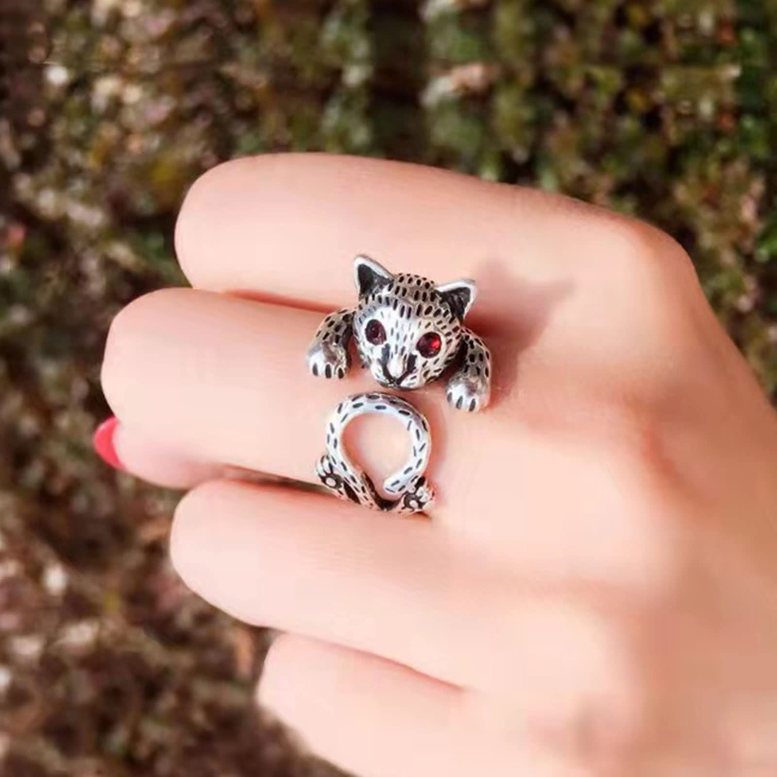 Cute Cat Ring for Women Girls Adjustable Open Kitty-shaped Ring Lovely Crystal