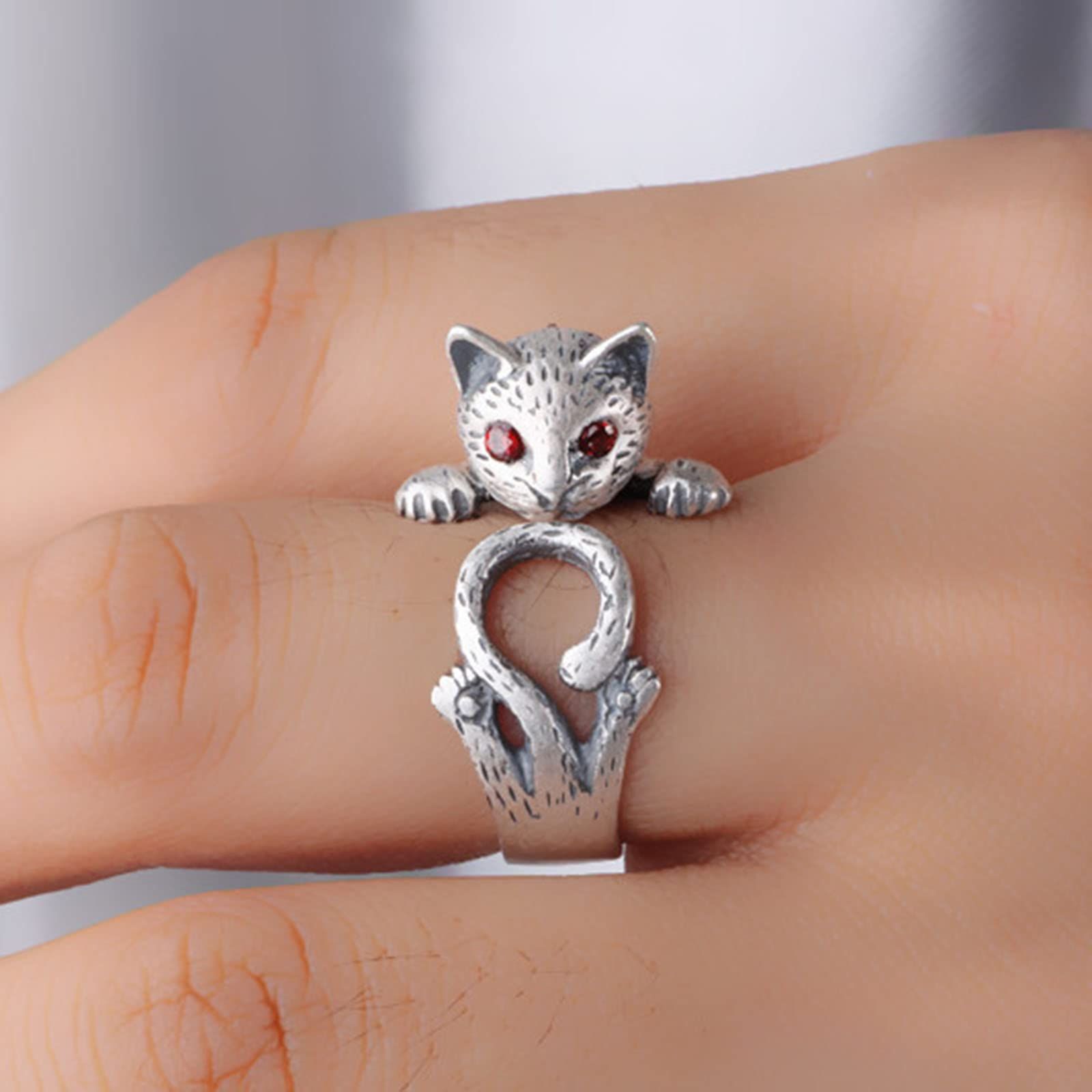 Cute Cat Ring for Women Girls Adjustable Open Kitty-shaped Ring Lovely Crystal view 5