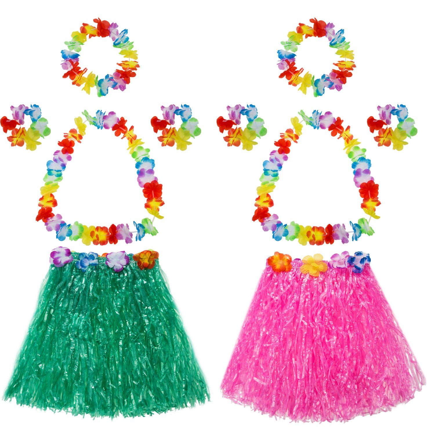 Elastic Hawaiian Hula Grass Skirt with Flower Costume Set for Party Beach