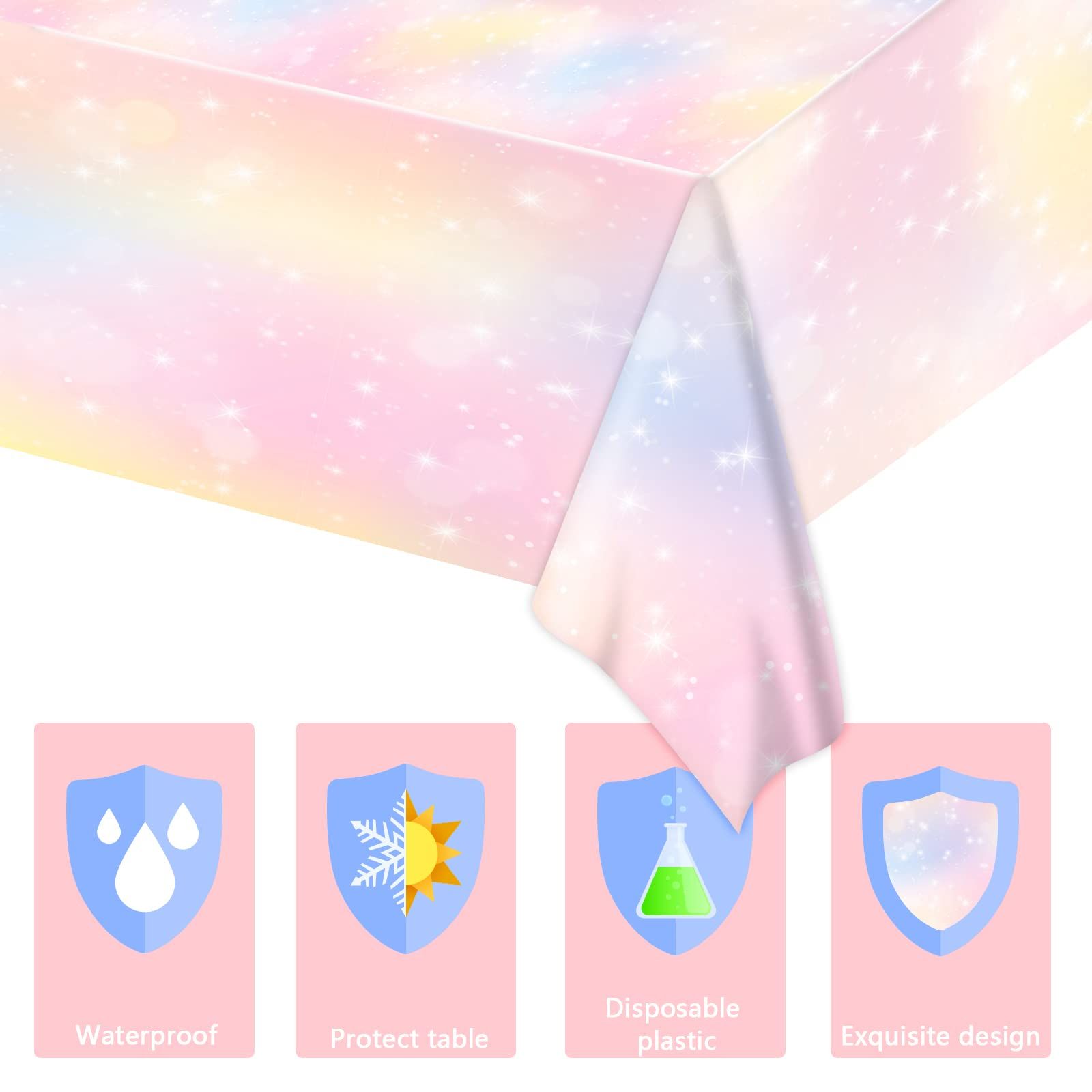 Rainbow birthday party decoration with colorful rainbow tablecloth view 2