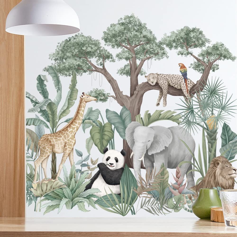 Tropical Rainforest Plants Tree Wall Stickers Elephant Lion Long Neck Deer view 5