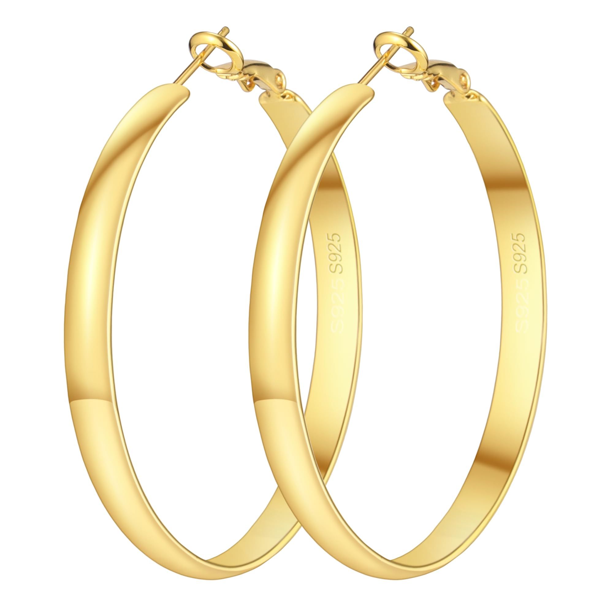 Gold Plated Large Big Flat Hoop Earrings Non Tarnish Hypoallergenic Everyday