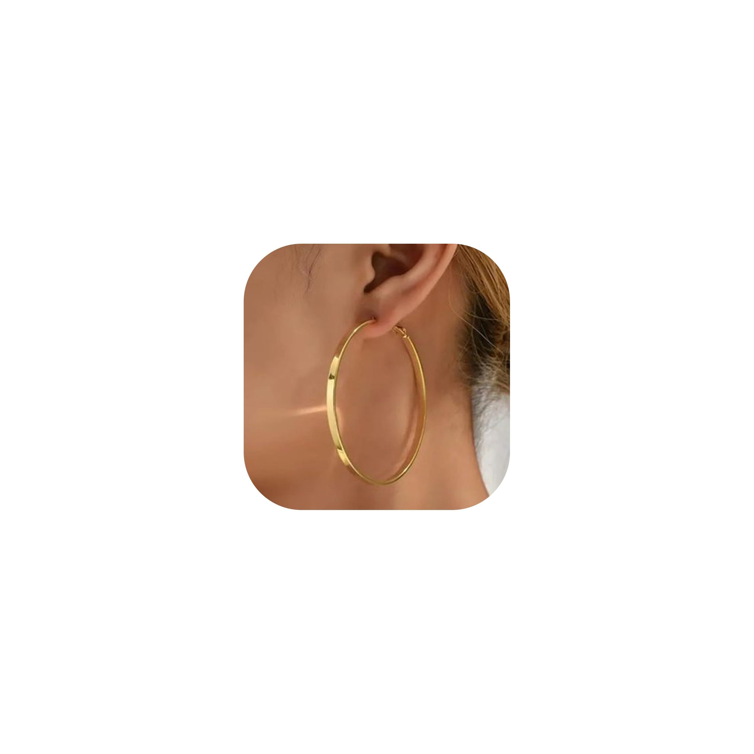 Gold Plated Large Big Flat Hoop Earrings Non Tarnish Hypoallergenic Everyday view 2