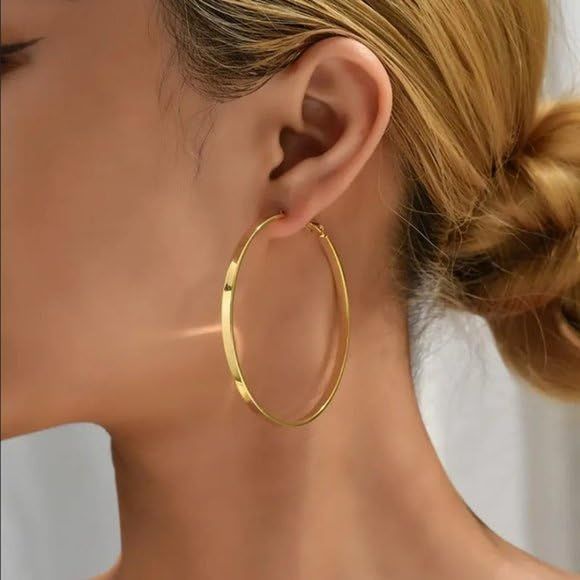 Gold Plated Large Big Flat Hoop Earrings Non Tarnish Hypoallergenic Everyday view 3