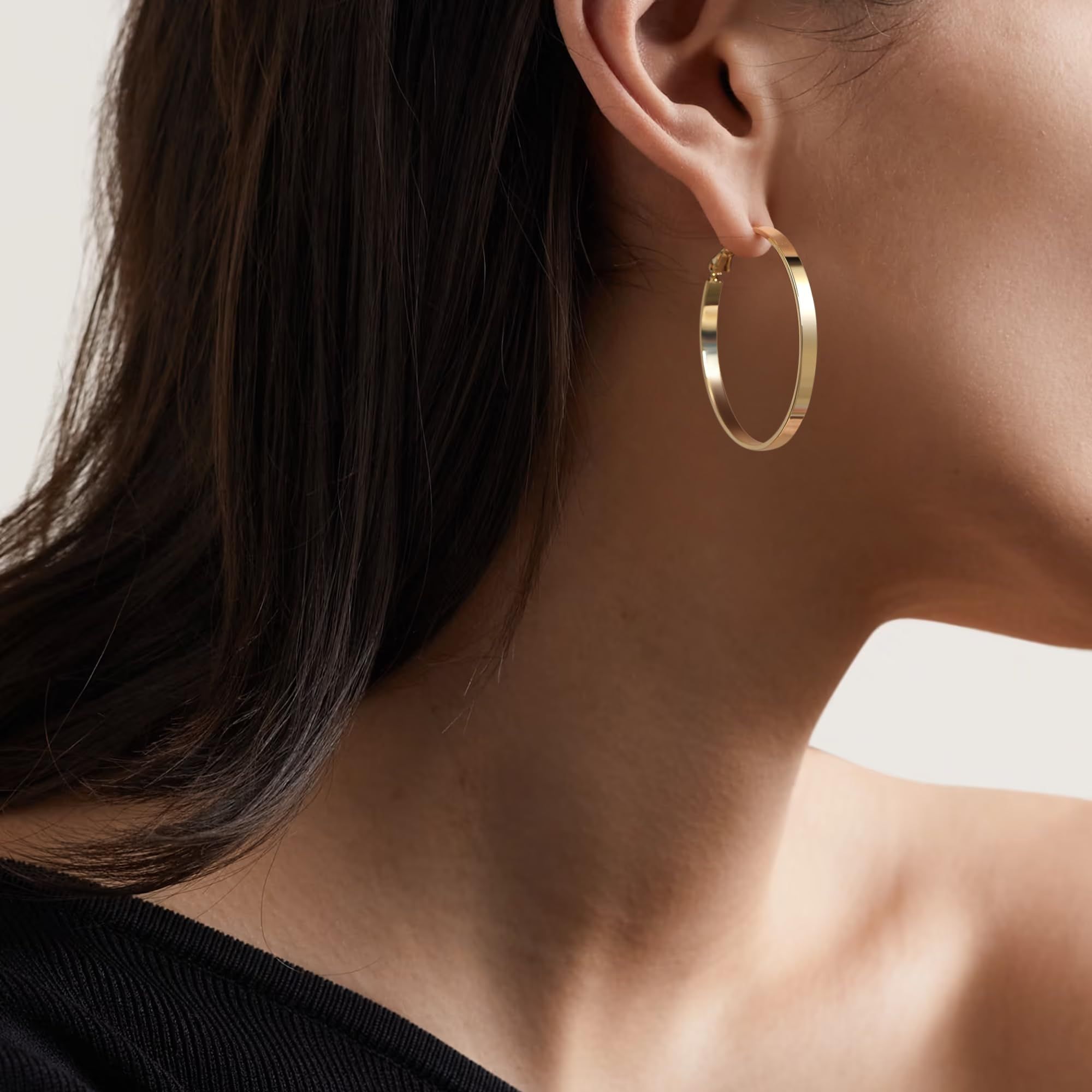 Gold Plated Large Big Flat Hoop Earrings Non Tarnish Hypoallergenic Everyday view 5