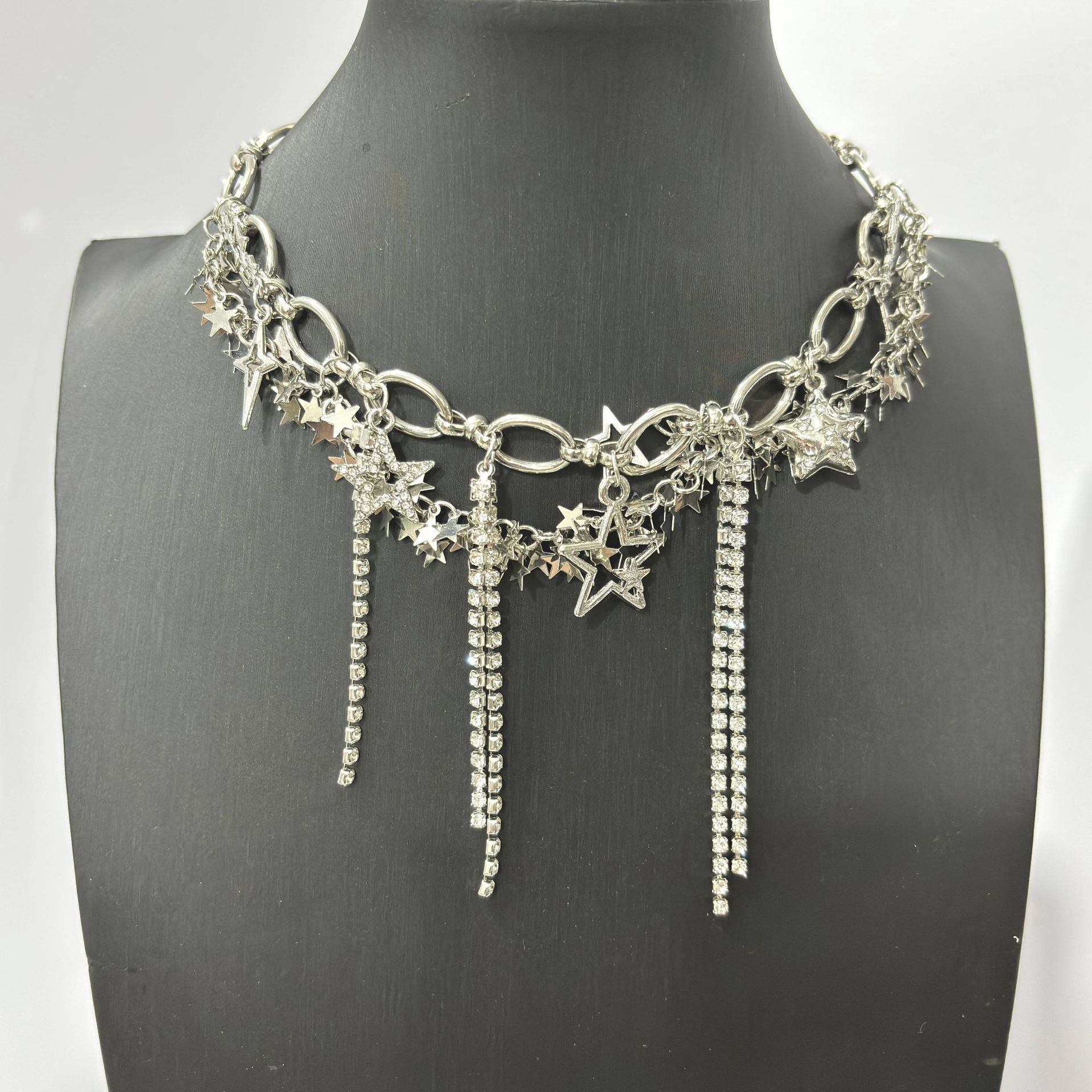 Multi layer stacked tassel star glitter necklace view 2