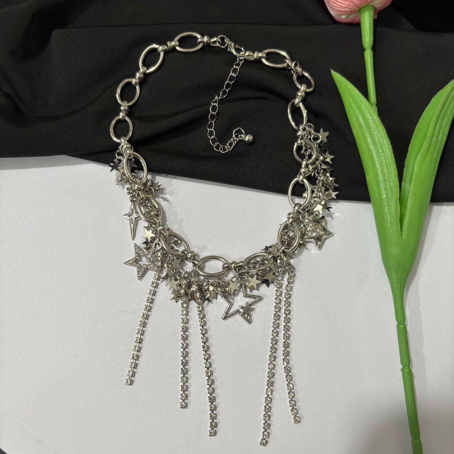 Multi layer stacked tassel star glitter necklace view 3
