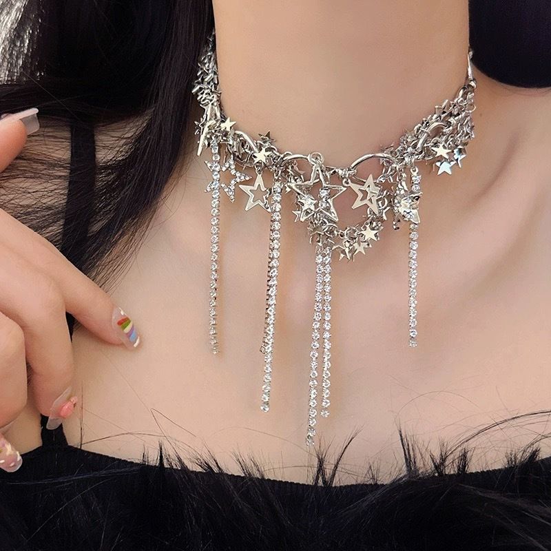 Multi layer stacked tassel star glitter necklace view 5