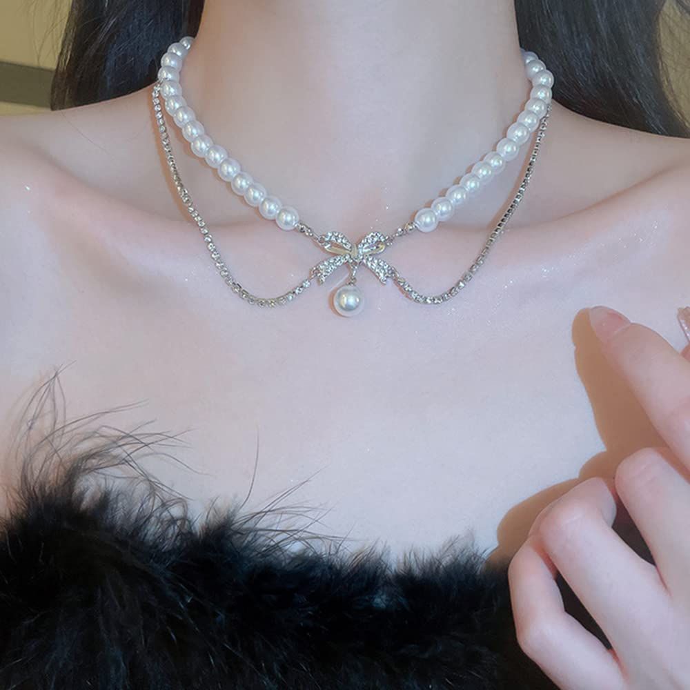 Late Romance~Sparkling Diamond Bow Pearl Necklace for Women with a Cold Design view 2