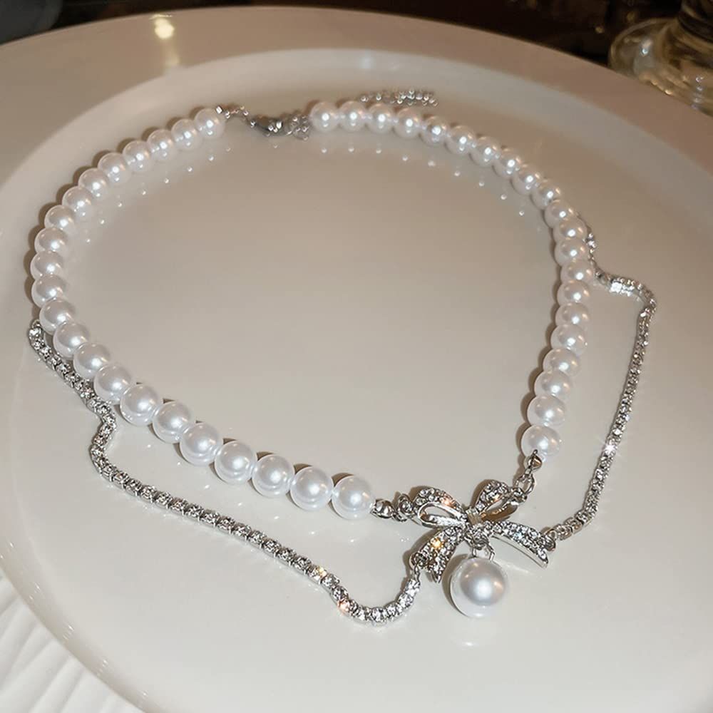 Late Romance~Sparkling Diamond Bow Pearl Necklace for Women with a Cold Design view 3