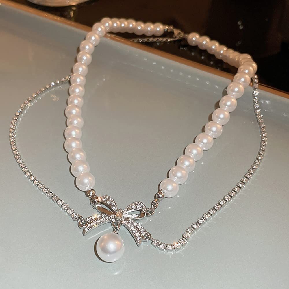 Late Romance~Sparkling Diamond Bow Pearl Necklace for Women with a Cold Design view 4