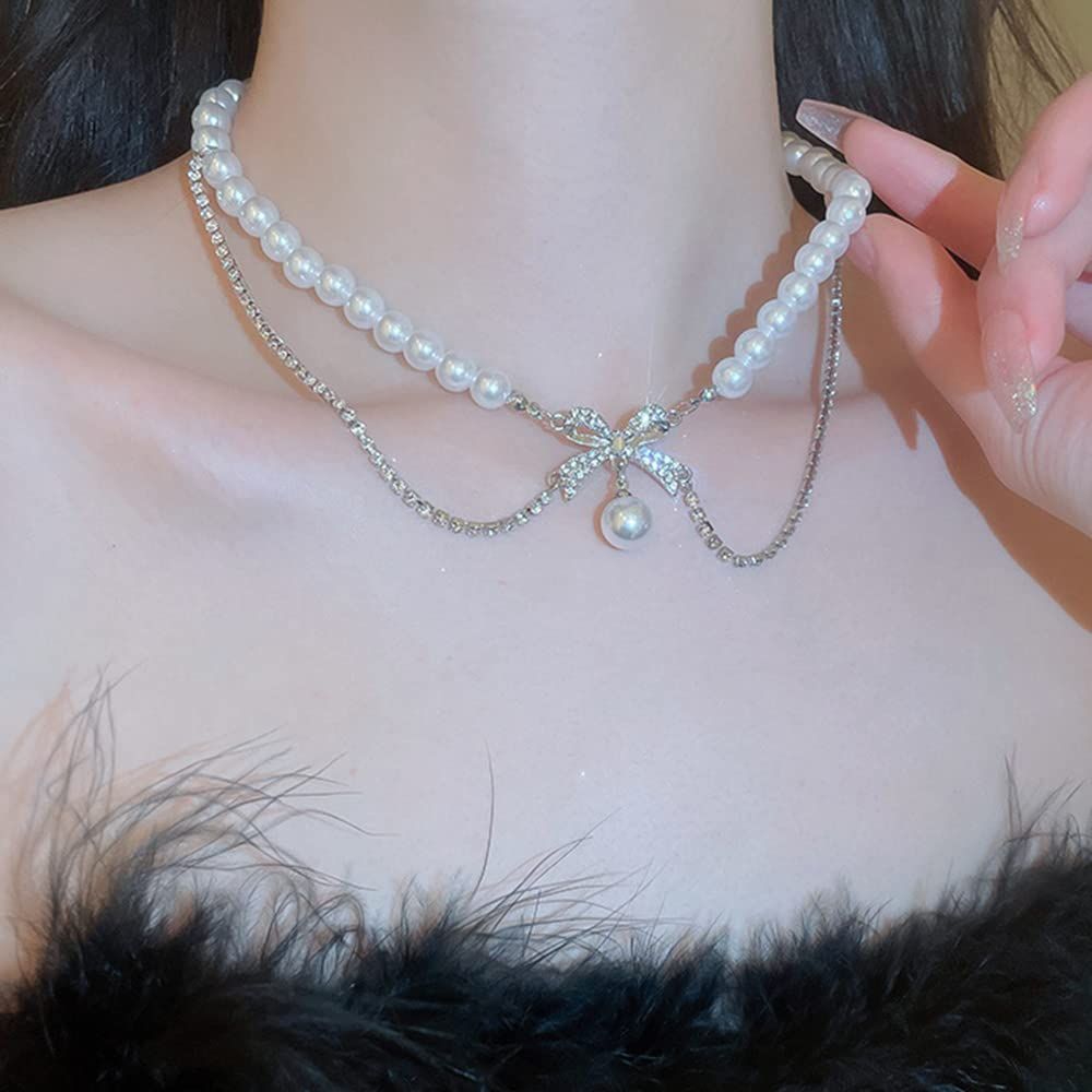 Late Romance~Sparkling Diamond Bow Pearl Necklace for Women with a Cold Design view 5
