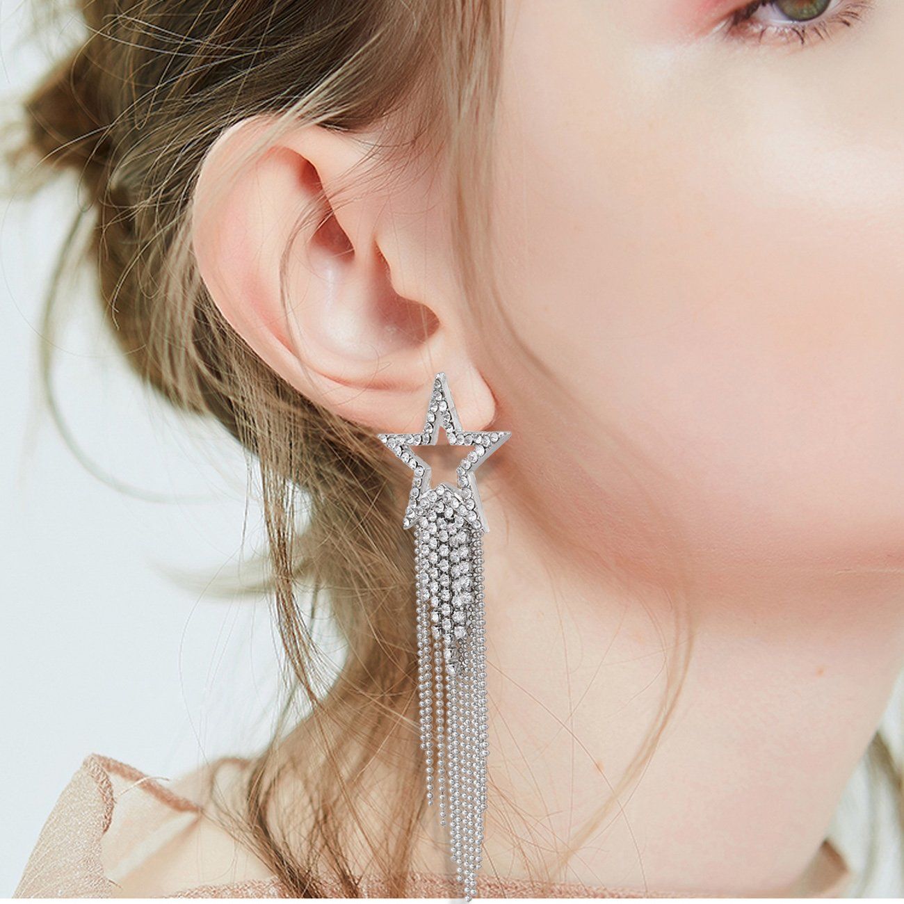 Women’s Tassel Earrings Star Ear Stud Pave Crystal Dangle Earrings Boho view 2