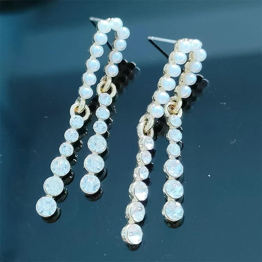 Crystal Pearl Earrings, Gold Pearl Tassel Earrings, Hanging Accessories, Water view 3