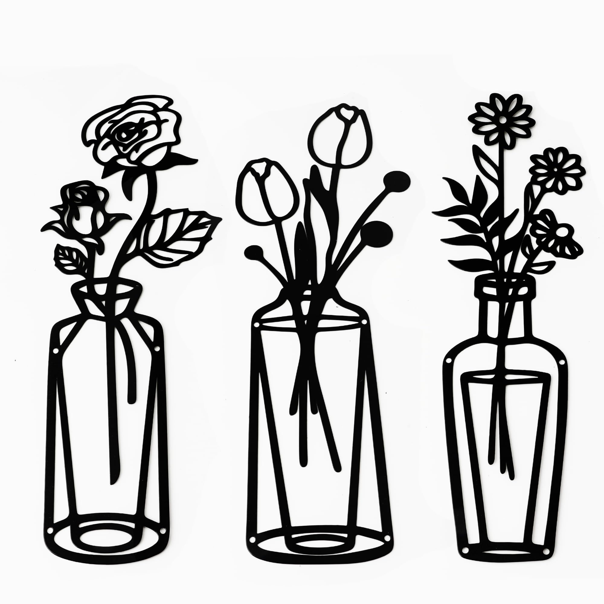 3 Pieces Black Metal Flowers Wall Decor Metal Vase Wall Art Metal Wall