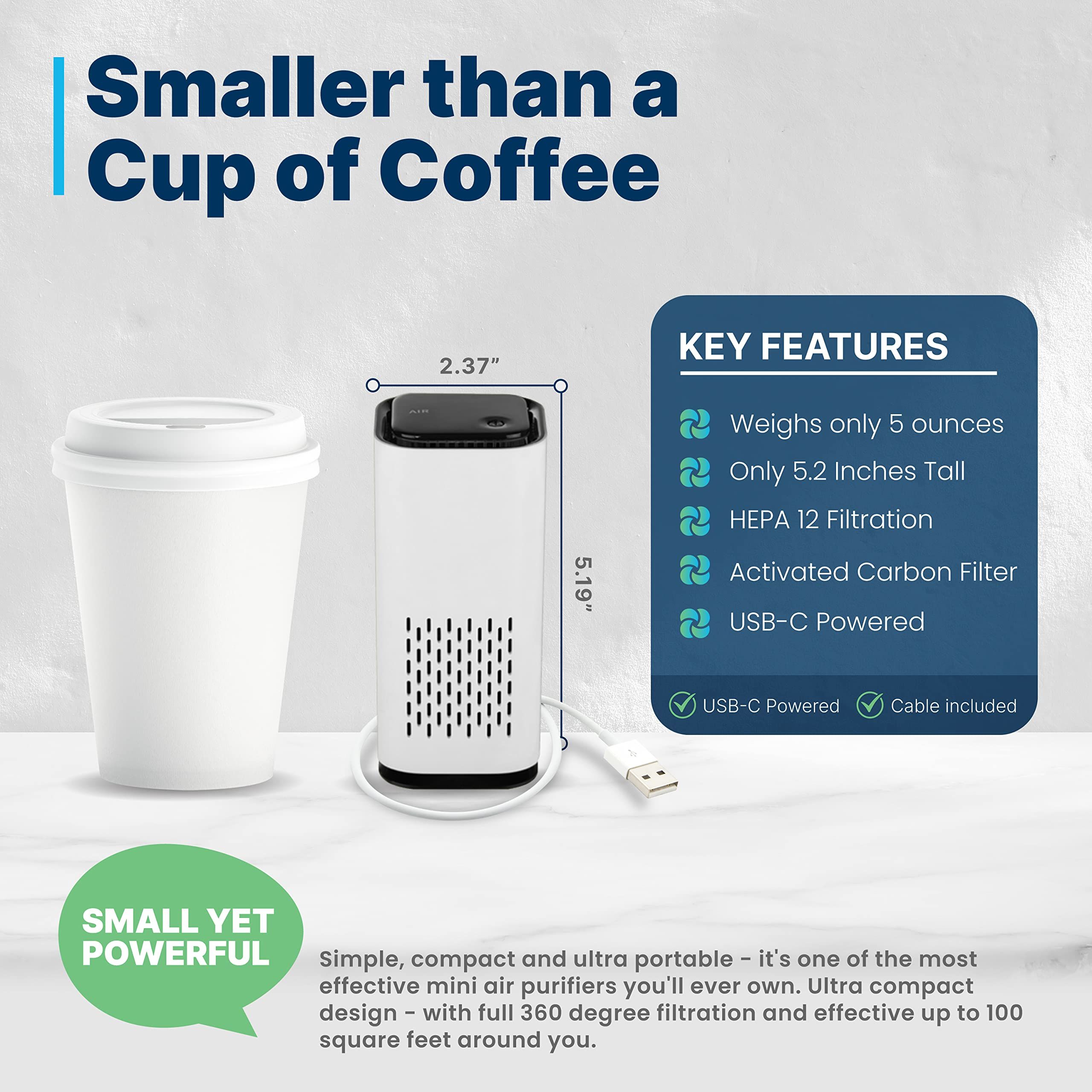 Mini Powered Air Purifier. Ultra Portable (5.2in tall view 2