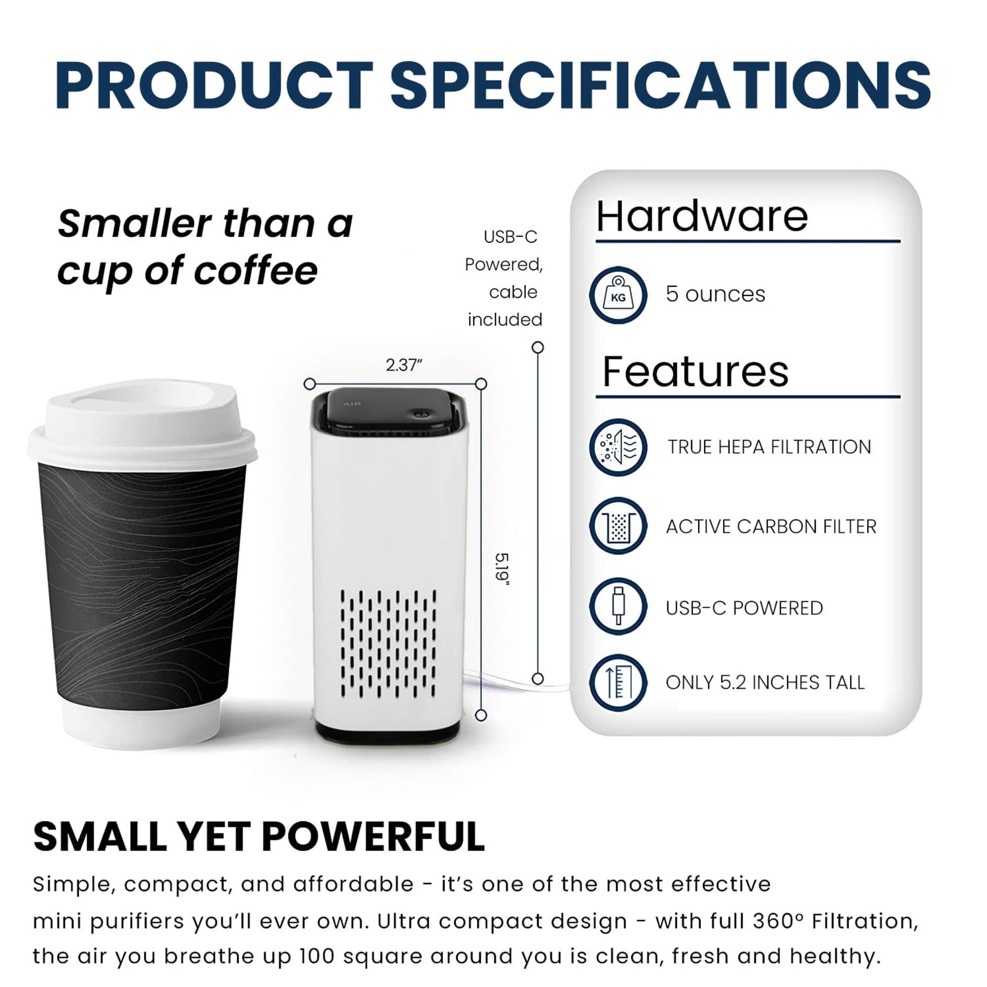 Mini Powered Air Purifier. Ultra Portable (5.2in tall view 3