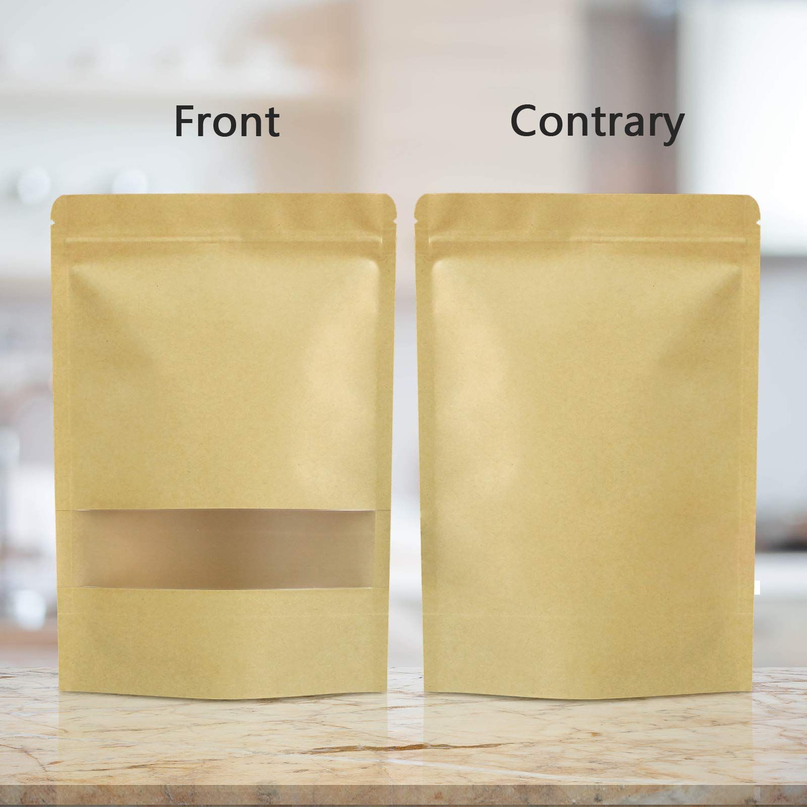 100 Pcs Resealable bags,Stand Up Kraft Paper Bags with Matte Window, Zip Lock view 2