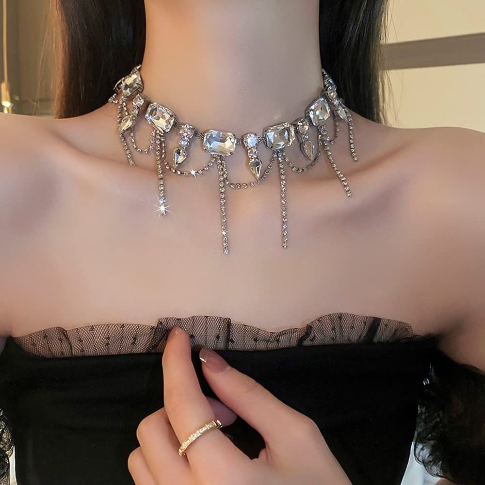 Necklace for Women Full Rhinestone Tassel Necklace Boho Bridal Necklaces for