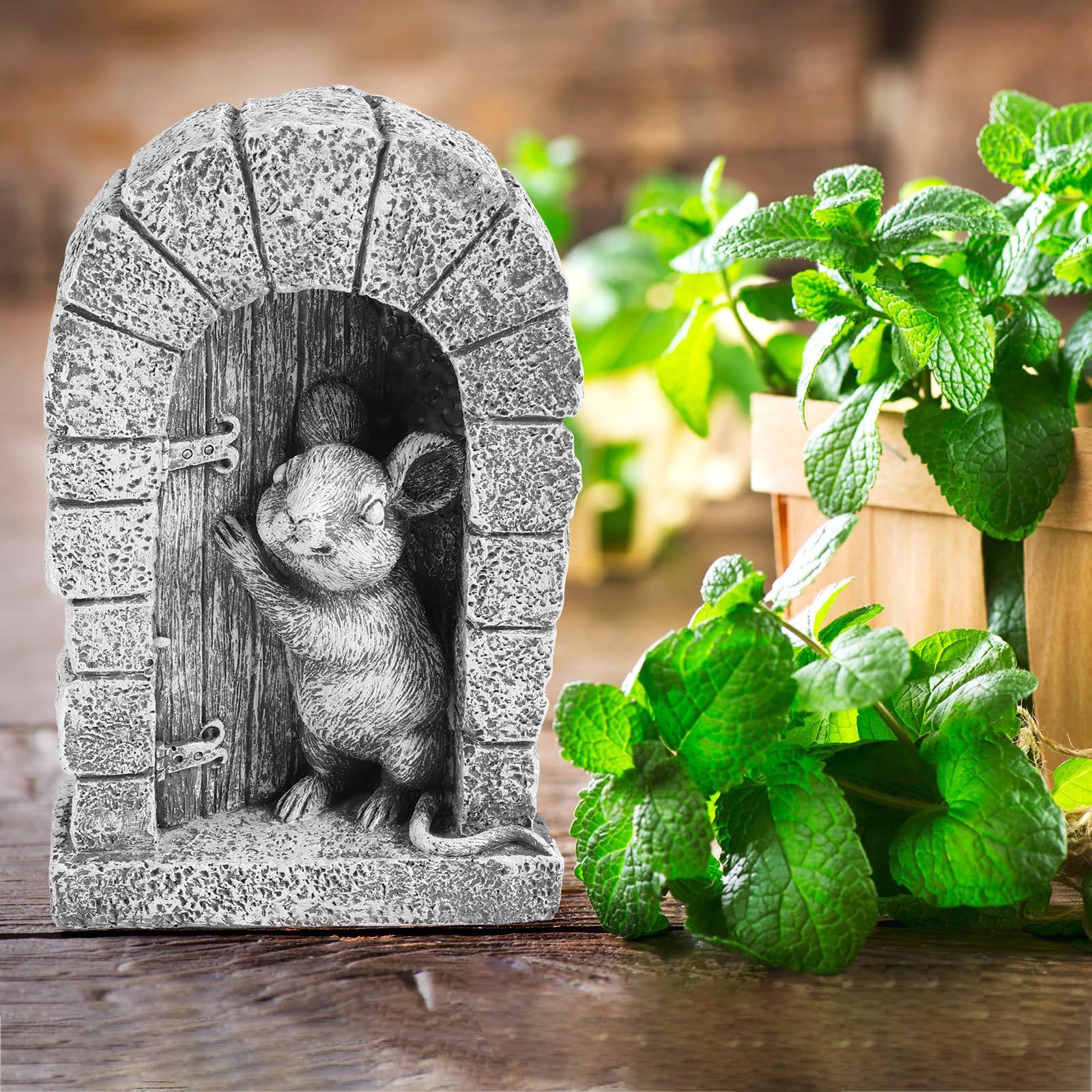 Mouse Garden Decor, Mouse Door Stone Statue, Playful Mouse Figurine view 5