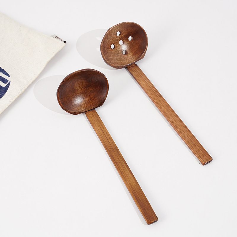 2 Pieces Handcrafted Wooden Ramen Spoon and Colander with Long Handle Home view 2