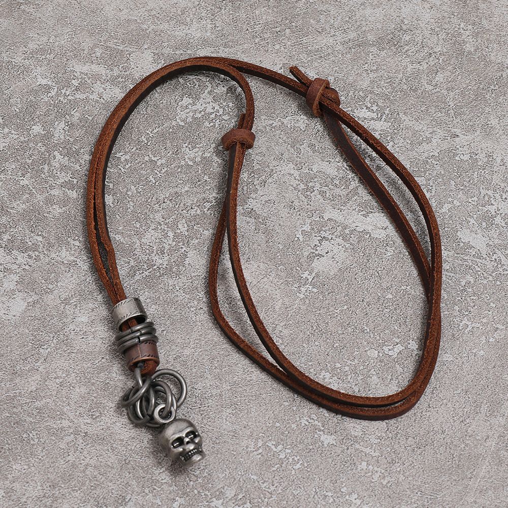 Classic Skeleton Brown Genuine Leather Pendant Necklace Skull Steampunk Chunky view 2