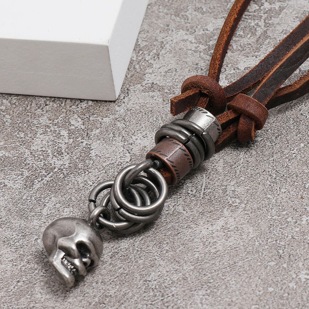 Classic Skeleton Brown Genuine Leather Pendant Necklace Skull Steampunk Chunky view 3