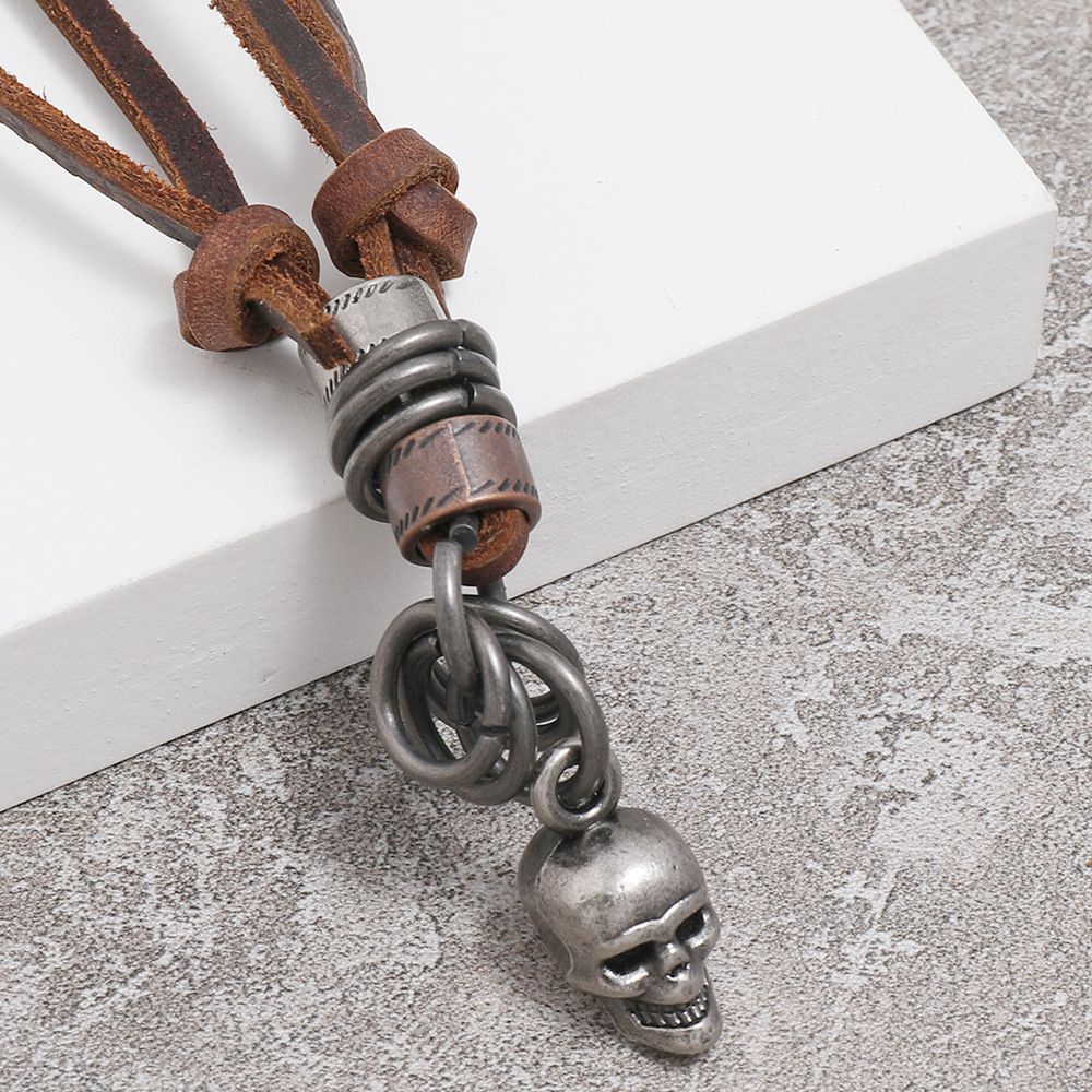 Classic Skeleton Brown Genuine Leather Pendant Necklace Skull Steampunk Chunky view 4