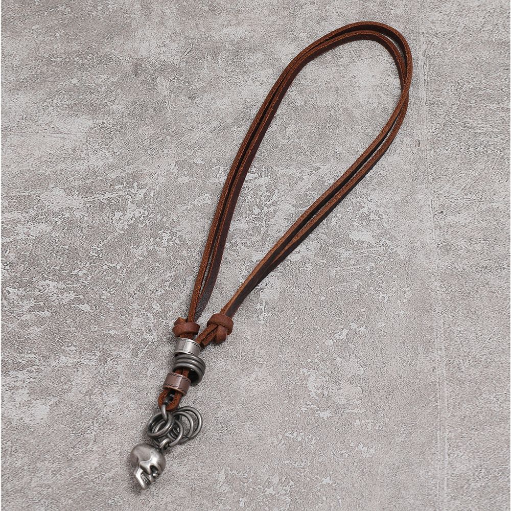 Classic Skeleton Brown Genuine Leather Pendant Necklace Skull Steampunk Chunky view 5