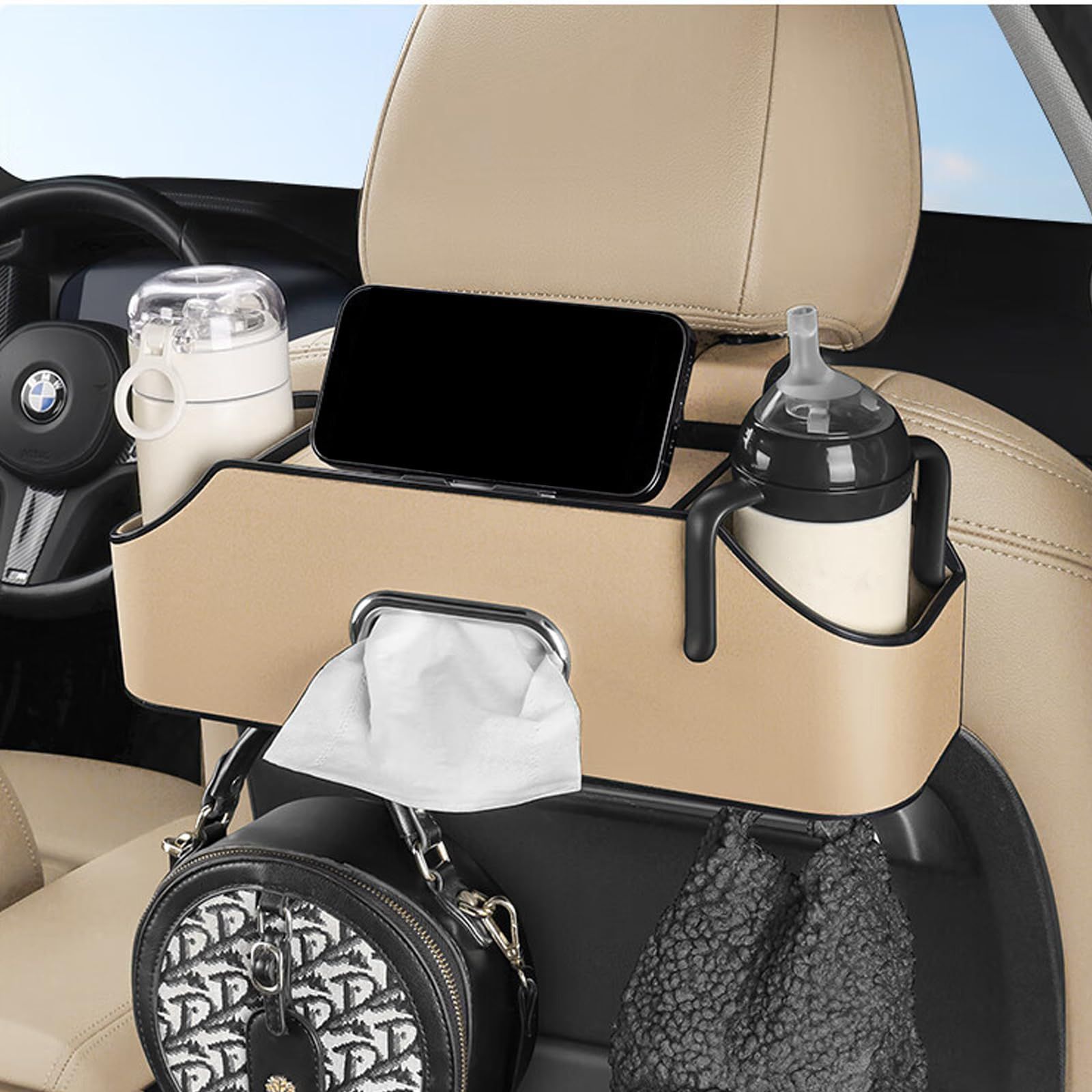 Car Headrest Back Seat Organizer with 2 Cup Holder & Tissue Box and Storage view 2