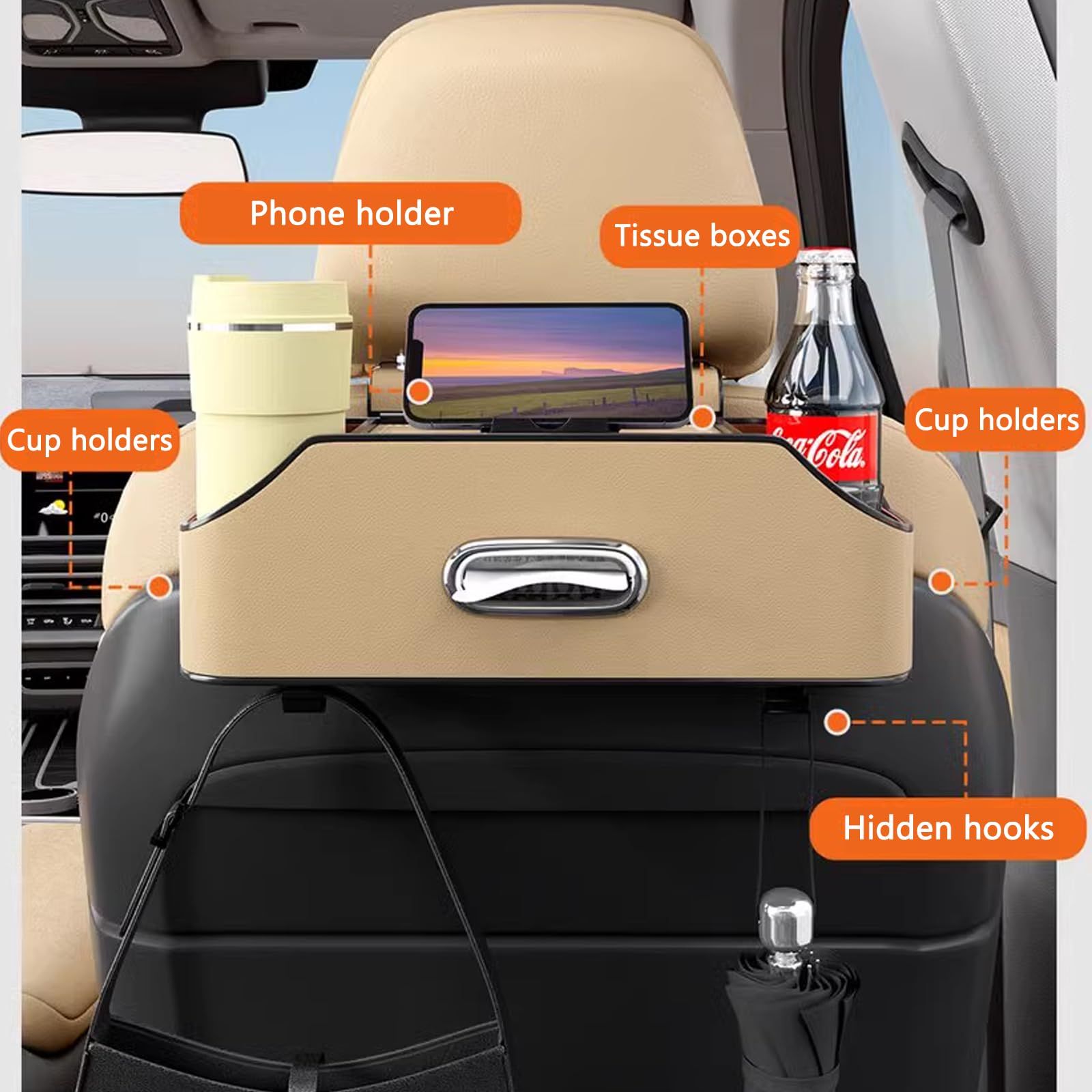 Car Headrest Back Seat Organizer with 2 Cup Holder & Tissue Box and Storage view 3