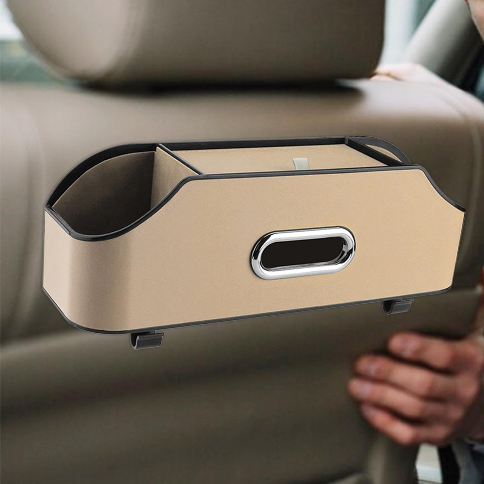 Car Headrest Back Seat Organizer with 2 Cup Holder & Tissue Box and Storage view 4